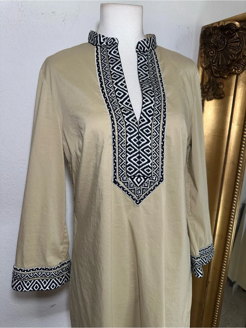 Tory Burch 3/4 Sleeve Embroidered Placket & Cuff Detail Cotton Tunic Dress